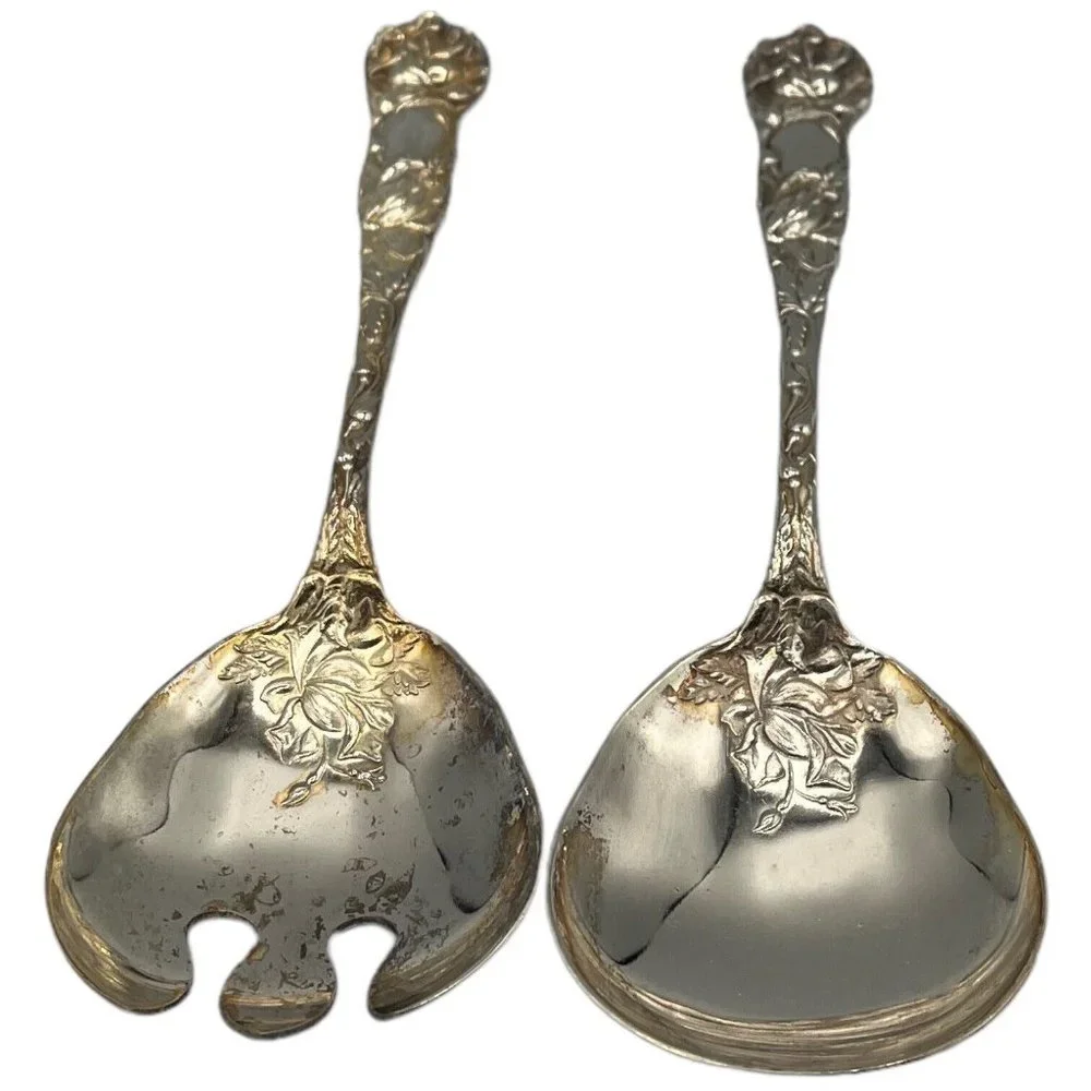 W.A. Silverplate Italy Bridal Rose Pattern 2 pc Salad Serving Set 9 1/2